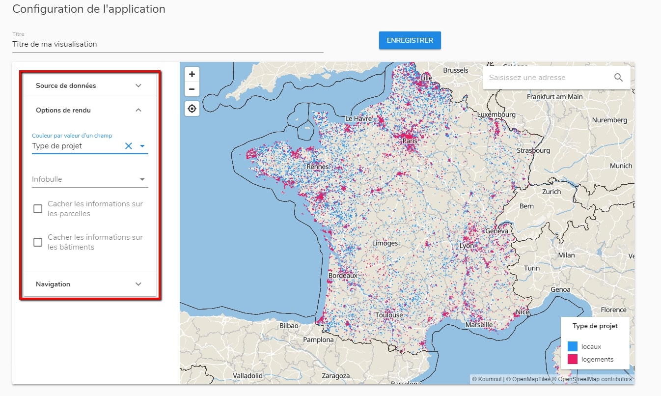 Menu de configuration d'une visualisation cartographique