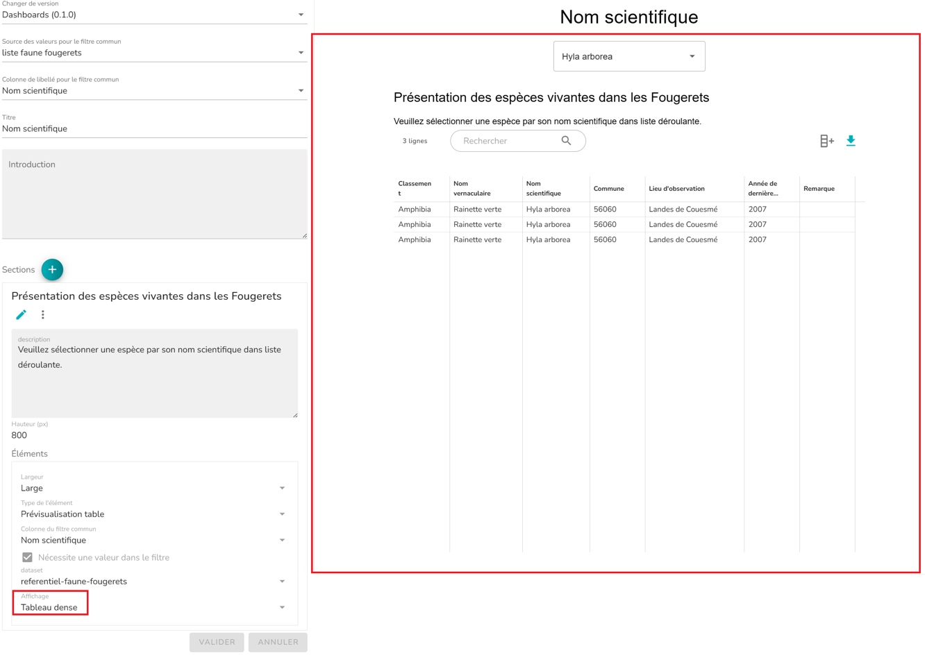 Vue tableau dense